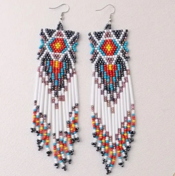 Long 6" White Turquoise Southwestern Handmade Beaded Tribal Earrings New Boho - Picture 3 of 6